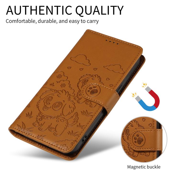Funda de cuero tipo billetera con bloqueo RFID para Samsung Galaxy A55 5G, con diseño de corazón y perro en relieve (marrón)