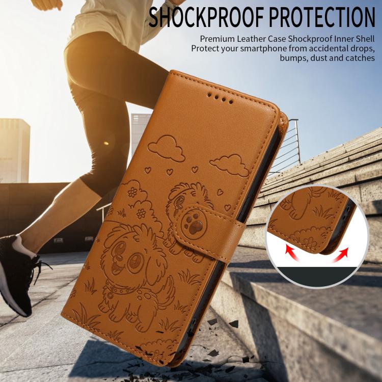 Funda de cuero tipo billetera con bloqueo RFID para Samsung Galaxy A55 5G, con diseño de corazón y perro en relieve (marrón)