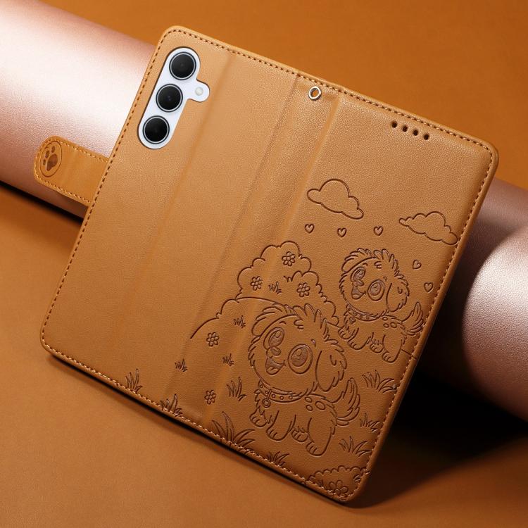 Funda de cuero tipo billetera con bloqueo RFID para Samsung Galaxy A55 5G, con diseño de corazón y perro en relieve (marrón)