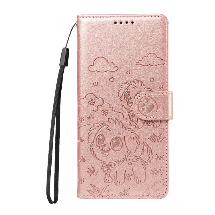 Funda de cuero tipo billetera con bloqueo RFID y diseño de corazón de perro en relieve para Samsung Galaxy A56 5G (oro rosa)