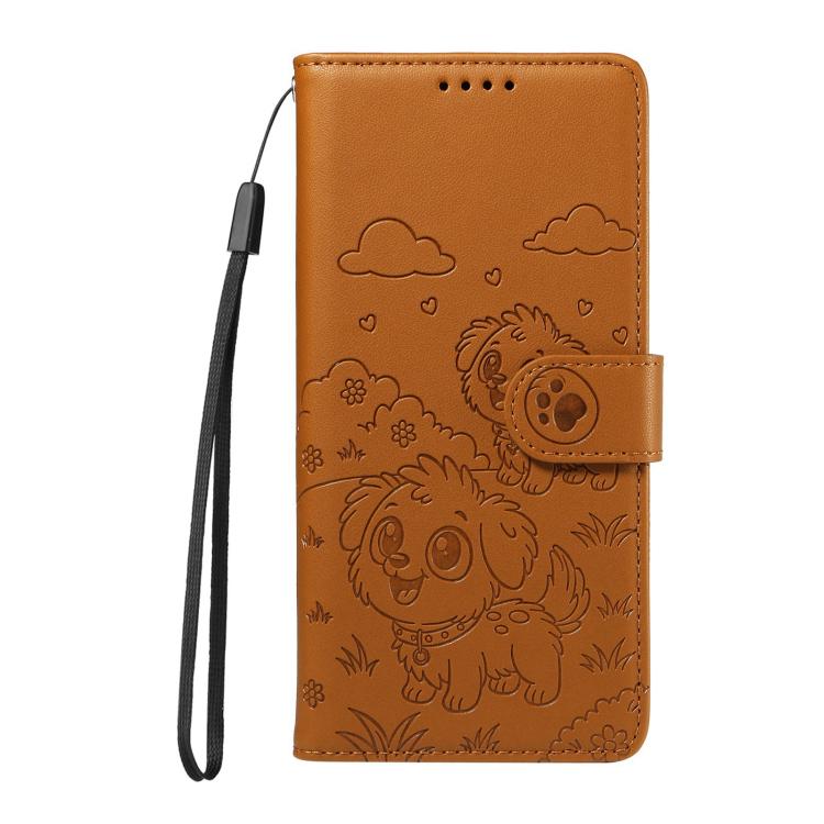 Funda de cuero con bloqueo RFID para Samsung Galaxy S24/S25 5G, con diseño de corazón en relieve y perro (marrón)