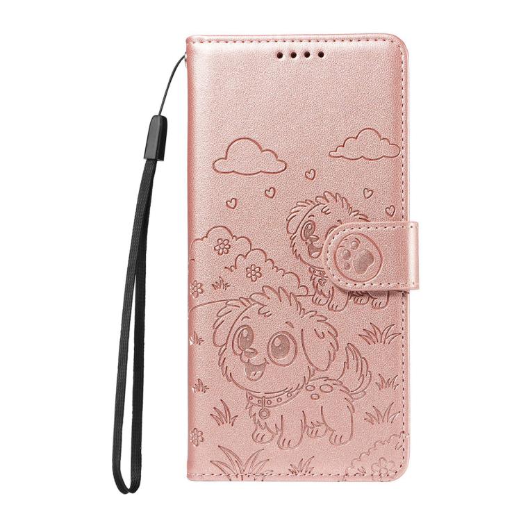 Funda de cuero tipo billetera con bloqueo RFID y diseño de corazón de perro en relieve para Samsung Galaxy S24+ / S25+ 5G (oro rosa)