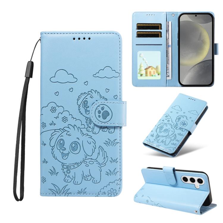 Funda de cuero con bloqueo RFID para Samsung Galaxy S24+ / S25+ 5G, con diseño de corazón en relieve y perro (azul cielo)