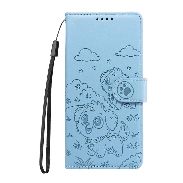 Funda de cuero con bloqueo RFID para Samsung Galaxy S24+ / S25+ 5G, con diseño de corazón en relieve y perro (azul cielo)