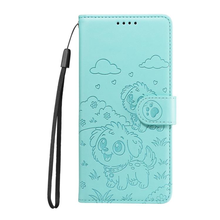Funda de cuero con bloqueo RFID para Samsung Galaxy S24 FE 5G, diseño de corazón con perro en relieve (verde)