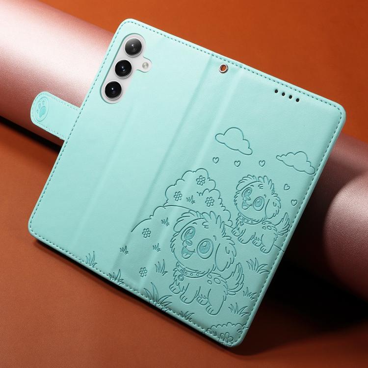Funda de cuero con bloqueo RFID para Samsung Galaxy S24 FE 5G, diseño de corazón con perro en relieve (verde)