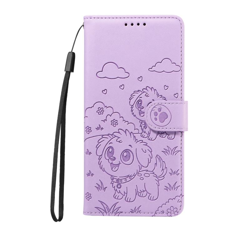 Funda de cuero tipo billetera con bloqueo RFID para Samsung Galaxy S24 FE 5G, con diseño de corazón y perro en relieve (morado)