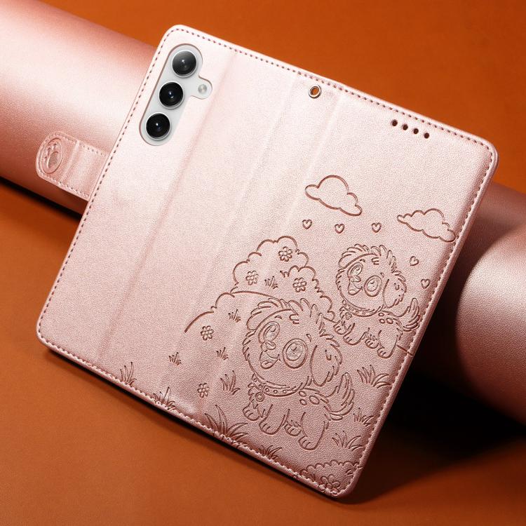 Funda de cuero tipo billetera con bloqueo RFID para Samsung Galaxy S24 FE 5G, con diseño de corazón en relieve y perro (oro rosa)