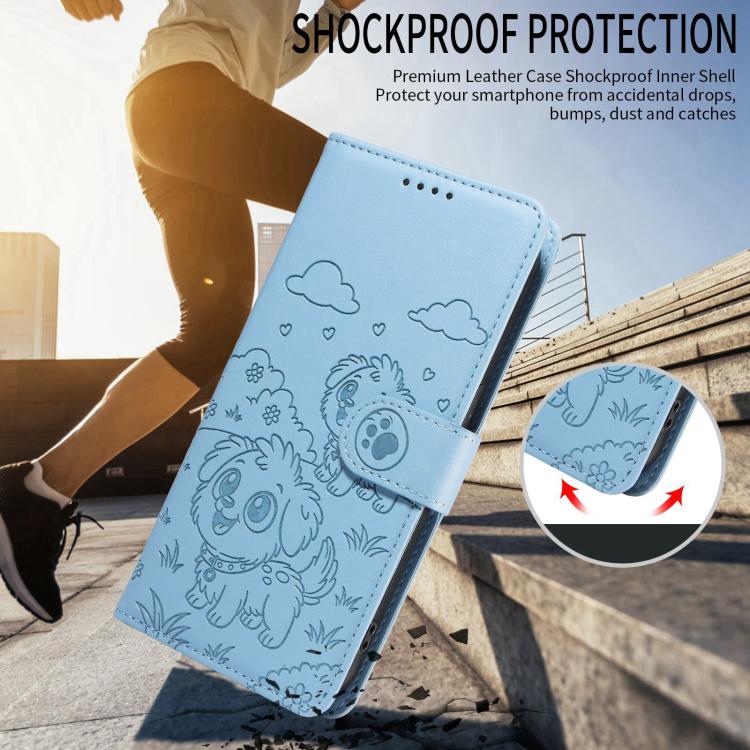 Funda de cuero con bloqueo RFID para Samsung Galaxy S24 FE 5G, diseño de corazón con perro en relieve (azul cielo)