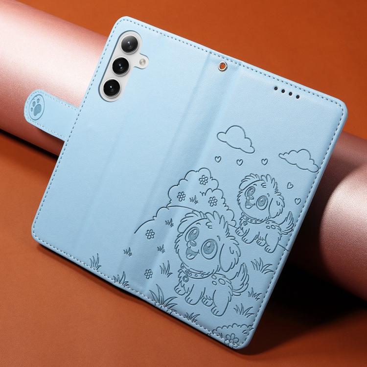 Funda de cuero con bloqueo RFID para Samsung Galaxy S24 FE 5G, diseño de corazón con perro en relieve (azul cielo)