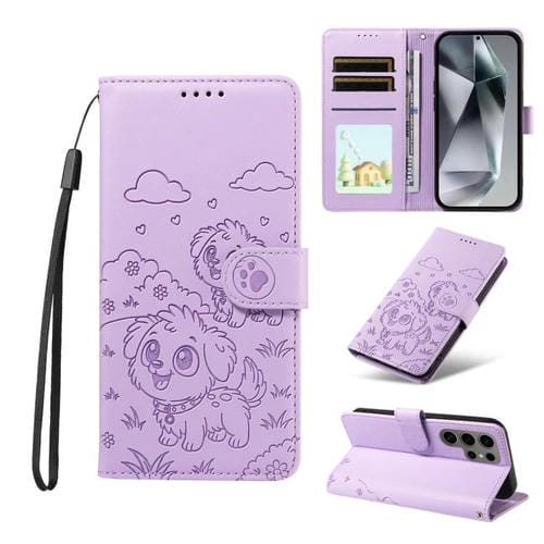 Funda de cuero tipo billetera con bloqueo RFID para Samsung Galaxy S24 Ultra 5G, con diseño de corazón y perro en relieve (morado)