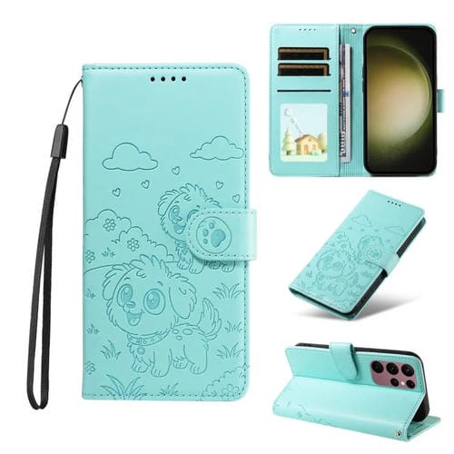 Funda de cuero tipo billetera con bloqueo RFID y diseño de corazón de perro en relieve para Samsung Galaxy S23 Ultra 5G (verde)