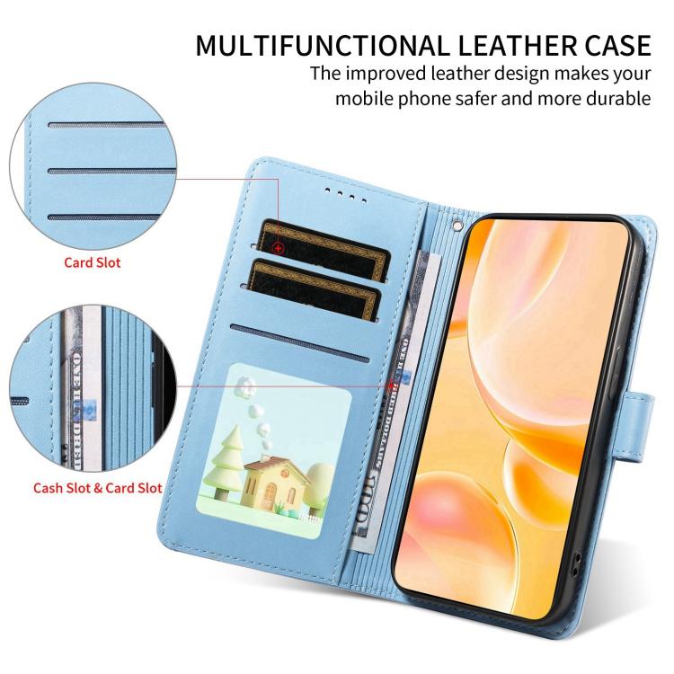 Funda de cuero tipo billetera con bloqueo RFID y diseño de corazón de perro en relieve para Samsung Galaxy S23+ 5G (azul cielo)