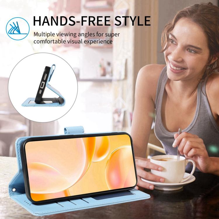 Funda de cuero tipo billetera con bloqueo RFID y diseño de corazón de perro en relieve para Samsung Galaxy S23+ 5G (azul cielo)