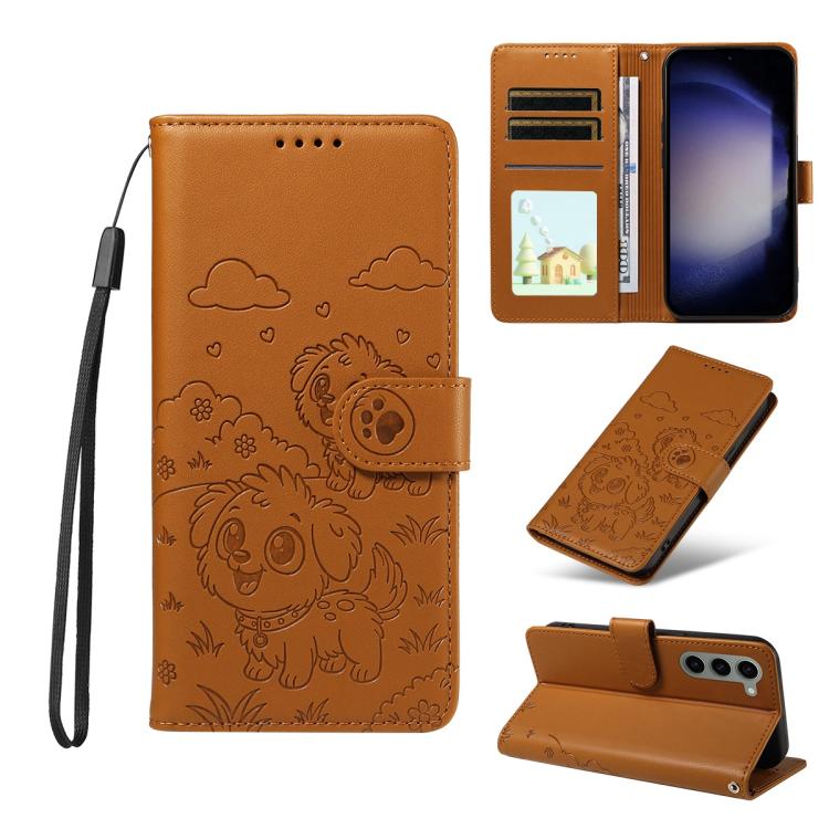 Funda de cuero con bloqueo RFID para Samsung Galaxy S23+ 5G, con diseño de corazón en relieve y perro (marrón)