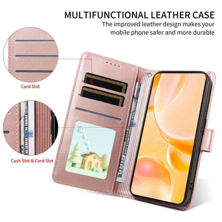 Funda de cuero con bloqueo RFID para Samsung Galaxy S23 FE 5G, diseño de corazón con perro en relieve (oro rosa)