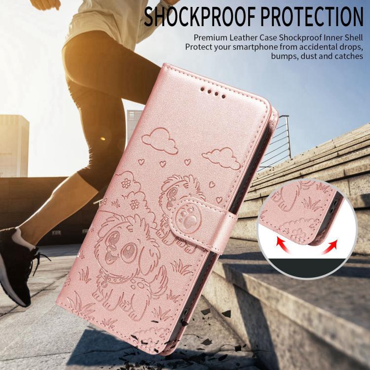 Funda de cuero con bloqueo RFID para Samsung Galaxy S23 FE 5G, diseño de corazón con perro en relieve (oro rosa)