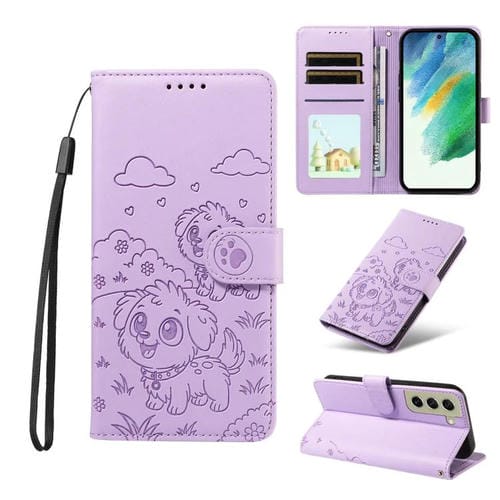 Funda de cuero tipo billetera con bloqueo RFID para Samsung Galaxy S21 FE 5G, con diseño de corazón y perro en relieve (morado)