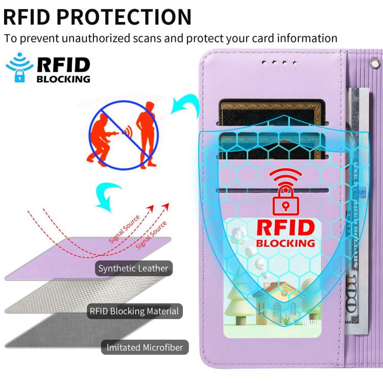 Funda de cuero tipo billetera con bloqueo RFID para Samsung Galaxy S21 FE 5G, con diseño de corazón y perro en relieve (morado)