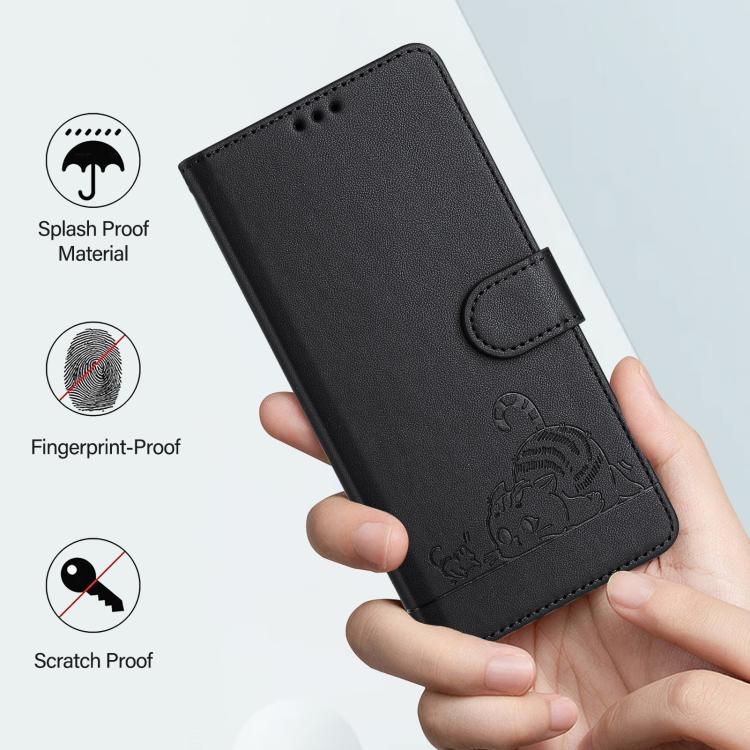 Funda de cuero RFID con estampado de gato y rata en relieve para Samsung Galaxy XCover7 Pro con cordón (negra)