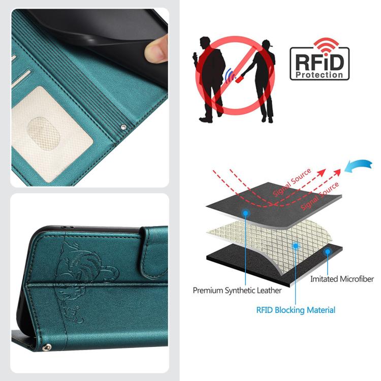 Funda de cuero RFID con estampado de gato y rata en relieve para Samsung Galaxy XCover7 Pro con cordón (verde pavo real)