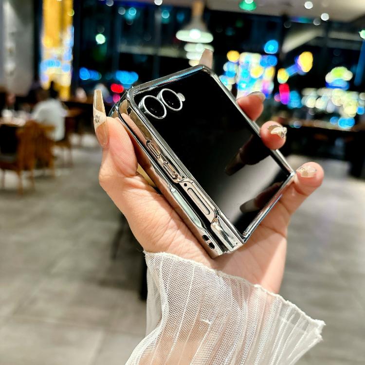 Funda para Samsung Galaxy Z Flip6 con marco chapado, placa de identificación de papel brillante y cobertura total (plata glaciar)