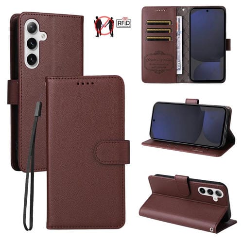 Funda de cuero con textura Litchi para Samsung Galaxy S24 FE 5G, con bloqueo RFID y capacidad para 3 tarjetas (marrón)