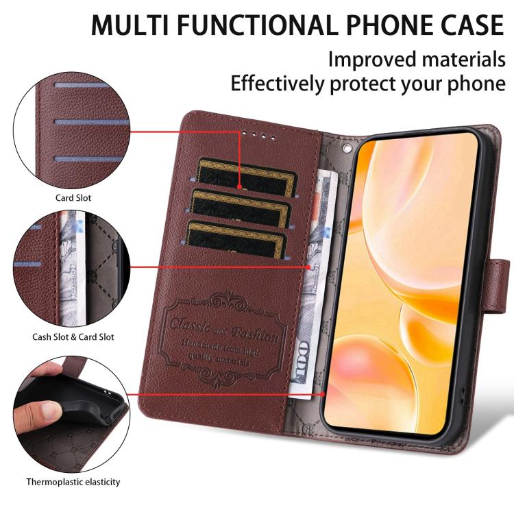 Funda de cuero con textura Litchi para Samsung Galaxy S24 FE 5G, con bloqueo RFID y capacidad para 3 tarjetas (marrón)
