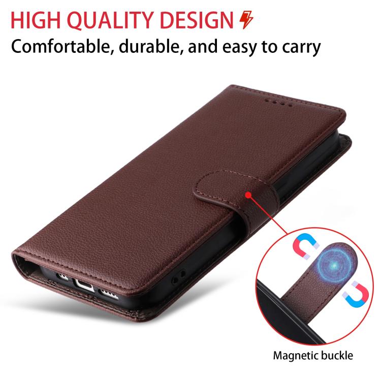 Funda de cuero con textura Litchi para Samsung Galaxy S24 FE 5G, con bloqueo RFID y capacidad para 3 tarjetas (marrón)