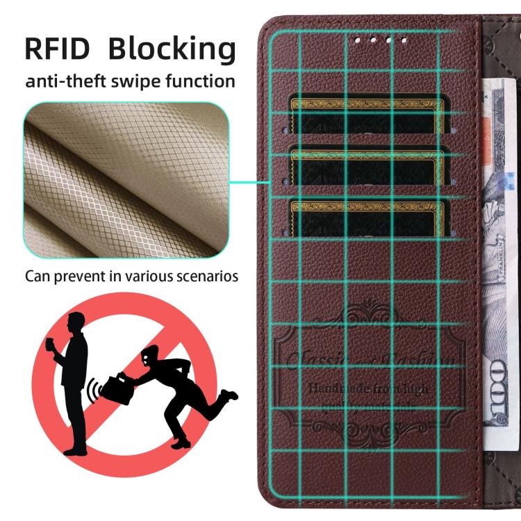 Funda de cuero con textura Litchi para Samsung Galaxy S24 FE 5G, con bloqueo RFID y capacidad para 3 tarjetas (marrón)