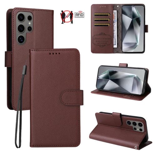 Funda de cuero con textura Litchi para Samsung Galaxy S24 Ultra 5G, con bloqueo RFID y capacidad para 3 tarjetas (marrón)