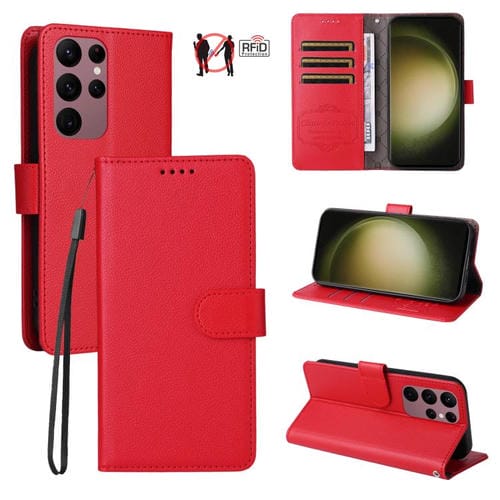 Funda de cuero tipo billetera con bloqueo RFID para Samsung Galaxy S23 Ultra 5G, textura Litchi, para 3 tarjetas (roja)