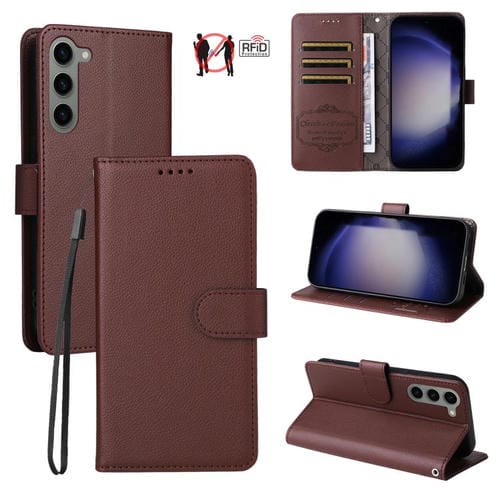 Funda de cuero con textura Litchi para Samsung Galaxy S23 5G, con bloqueo RFID y capacidad para 3 tarjetas (marrón)