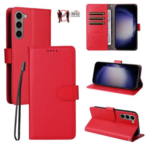 Funda de cuero con textura Litchi para Samsung Galaxy S23 5G, con bloqueo RFID y capacidad para 3 tarjetas (roja)