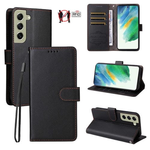 Funda de cuero con textura Litchi para Samsung Galaxy S21 FE 5G, con bloqueo RFID y capacidad para 3 tarjetas (negro)