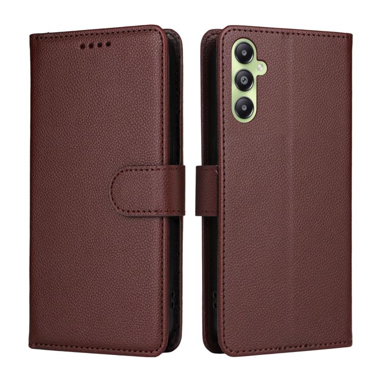 Funda de cuero con textura Litchi para Samsung Galaxy A05s, con bloqueo RFID y capacidad para 3 tarjetas (marrón)