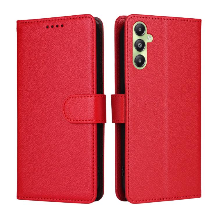 Funda de cuero con textura Litchi para Samsung Galaxy A05s, con bloqueo RFID y capacidad para 3 tarjetas (roja)