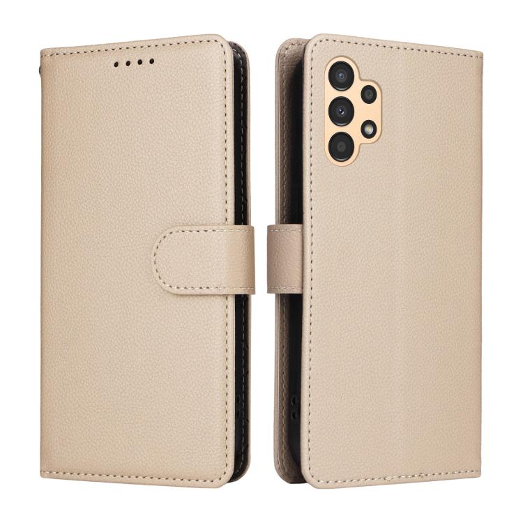 Funda de cuero tipo billetera con bloqueo RFID para Samsung Galaxy A13 4G/5G, textura Litchi, para 3 tarjetas (beige)