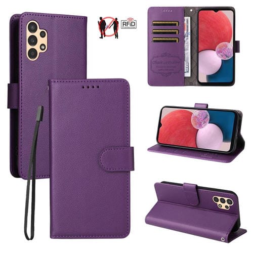 Funda de cuero tipo billetera con bloqueo RFID para Samsung Galaxy A13 4G/5G, textura Litchi, para 3 tarjetas (morado)