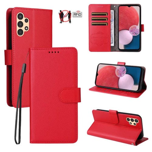 Funda de cuero tipo billetera con bloqueo RFID para Samsung Galaxy A13 4G/5G, textura Litchi, para 3 tarjetas (roja)