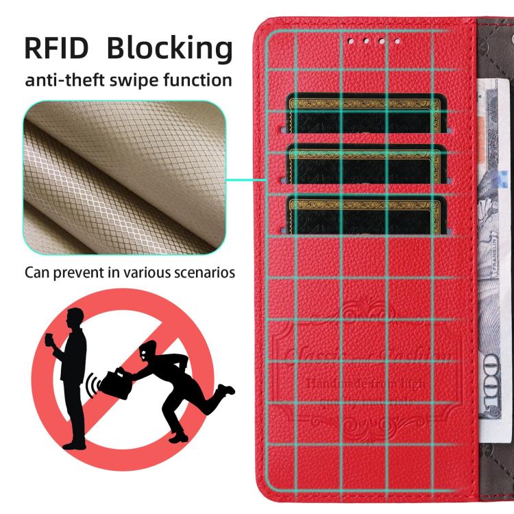 Funda de cuero tipo billetera con bloqueo RFID para Samsung Galaxy A14 4G/5G, textura Litchi, para 3 tarjetas (roja)