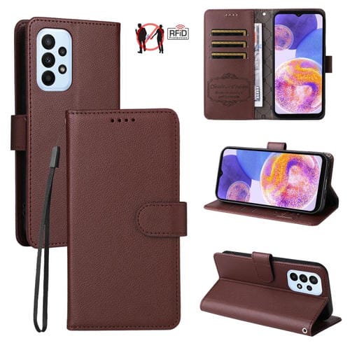 Funda de cuero tipo billetera con bloqueo RFID para Samsung Galaxy A23 4G/5G/F23, con textura de lichi, para 3 tarjetas (marrón)