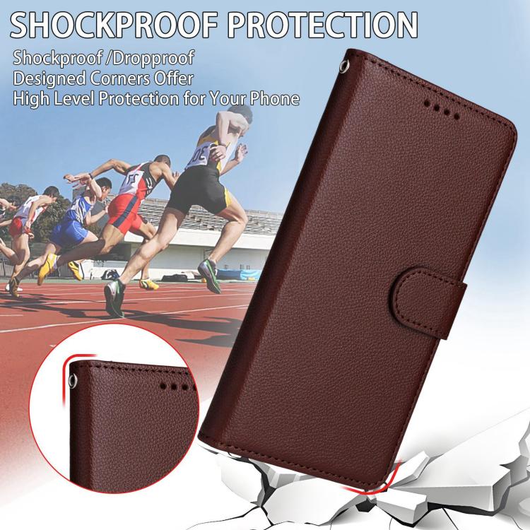 Funda de cuero con textura Litchi Global para Samsung Galaxy A25 5G, con bloqueo RFID y capacidad para 3 tarjetas (marrón)