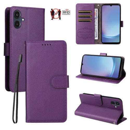 Funda de cuero tipo billetera con bloqueo RFID para Samsung Galaxy A25e, textura Litchi, para 3 tarjetas (morado)