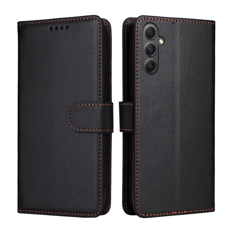 Funda de cuero con textura Litchi para Samsung Galaxy A34 5G, con bloqueo RFID y capacidad para 3 tarjetas (negro)