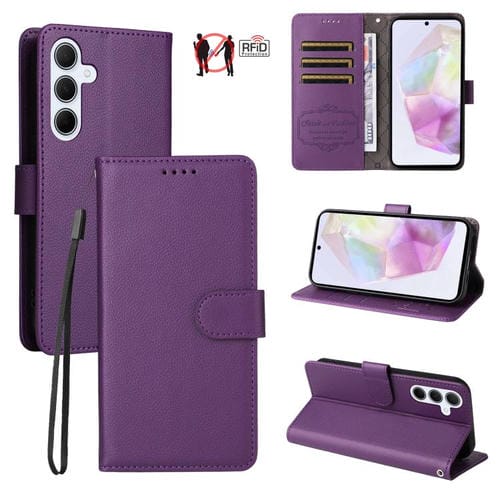 Funda de cuero tipo billetera con bloqueo RFID para Samsung Galaxy A35 5G, textura Litchi, para 3 tarjetas (morado)