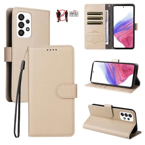 Funda de cuero tipo billetera con textura Litchi y bloqueo RFID para Samsung Galaxy A53 5G (beige)