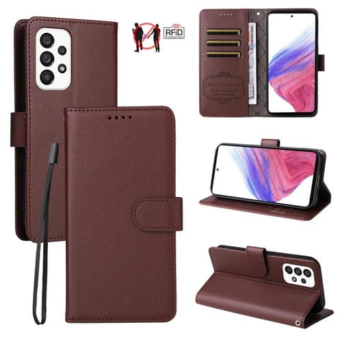 Funda de cuero con textura Litchi para Samsung Galaxy A53 5G, con bloqueo RFID y capacidad para 3 tarjetas (marrón)