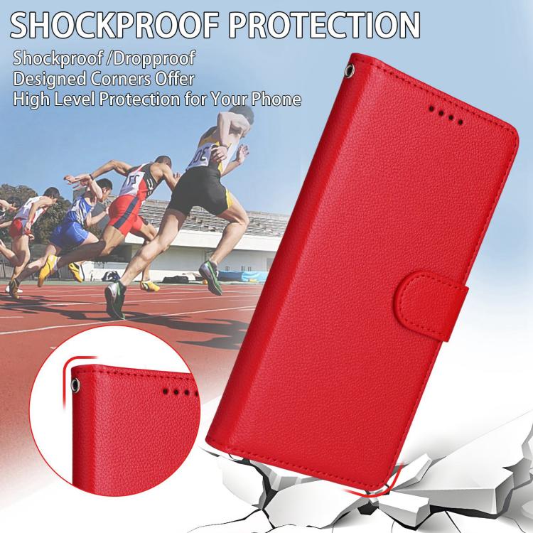 Funda de cuero con textura Litchi para Samsung Galaxy A54 5G, con bloqueo RFID y capacidad para 3 tarjetas (roja)