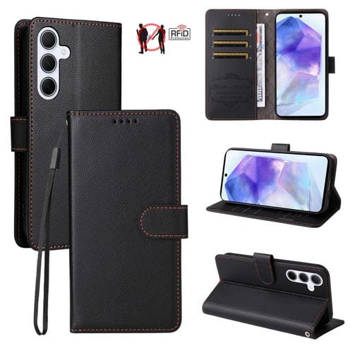Funda de cuero con textura Litchi para Samsung Galaxy A55 5G, con bloqueo RFID y capacidad para 3 tarjetas (negro)